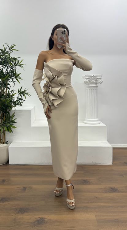 Gold Straplez Eldivenli Midi Boy Abiye Elbise