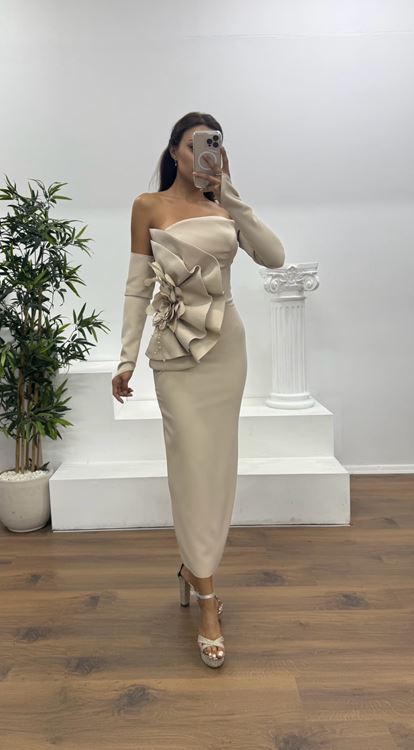 Gold Straplez Eldivenli Midi Boy Abiye Elbise