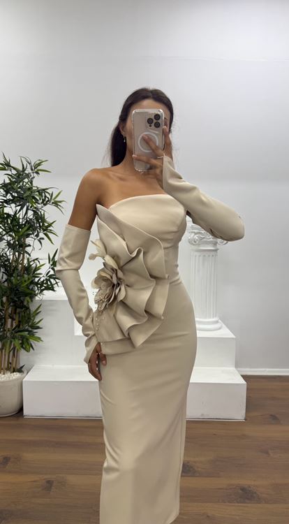 Gold Straplez Eldivenli Midi Boy Abiye Elbise