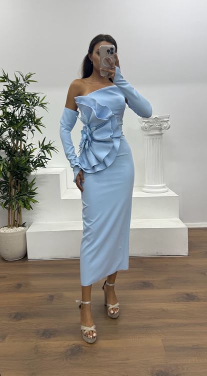 Bebe Mavisi Straplez Eldivenli Midi Boy Abiye Elbise