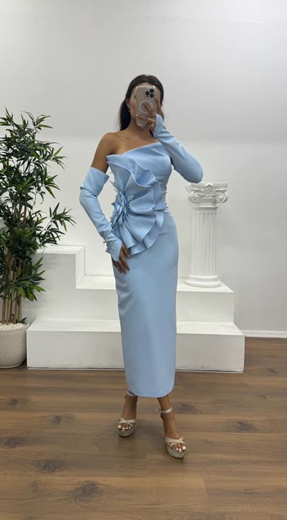 Bebe Mavisi Straplez Eldivenli Midi Boy Abiye Elbise