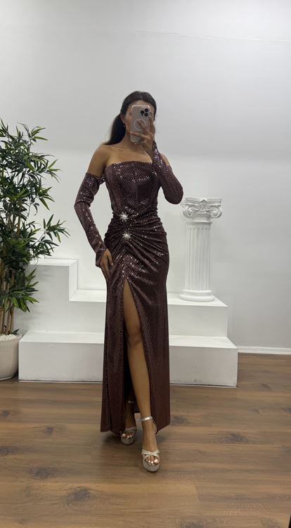 Bakır Straplez Broş Detay Abiye Elbise