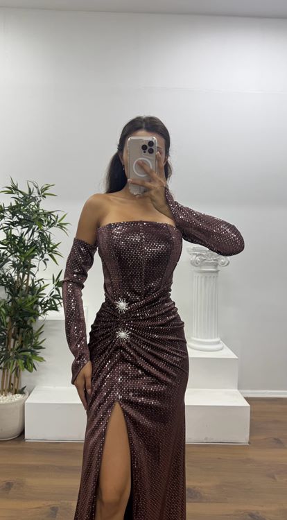 Bakır Straplez Broş Detay Abiye Elbise