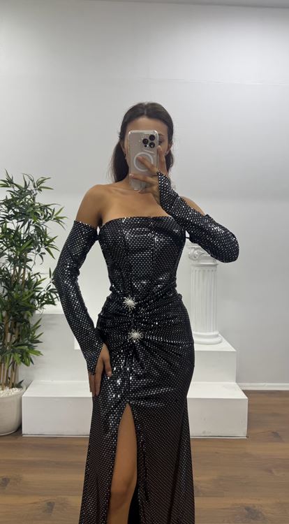 Siyah-Gümüş Straplez Broş Detay Abiye Elbise