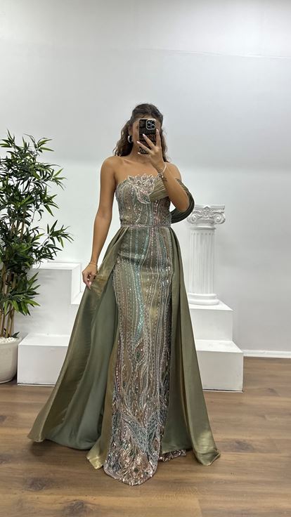 Haki Yaka Detay İşlemeli Abiye Elbise