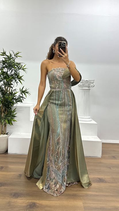 Haki Yaka Detay İşlemeli Abiye Elbise