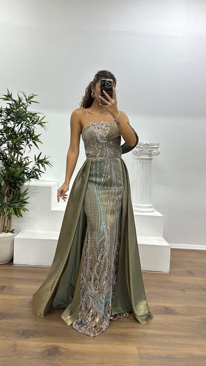 Haki Yaka Detay İşlemeli Abiye Elbise