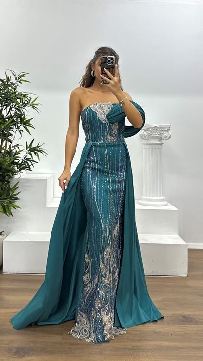 Petrol Yaka Detay İşlemeli Abiye Elbise