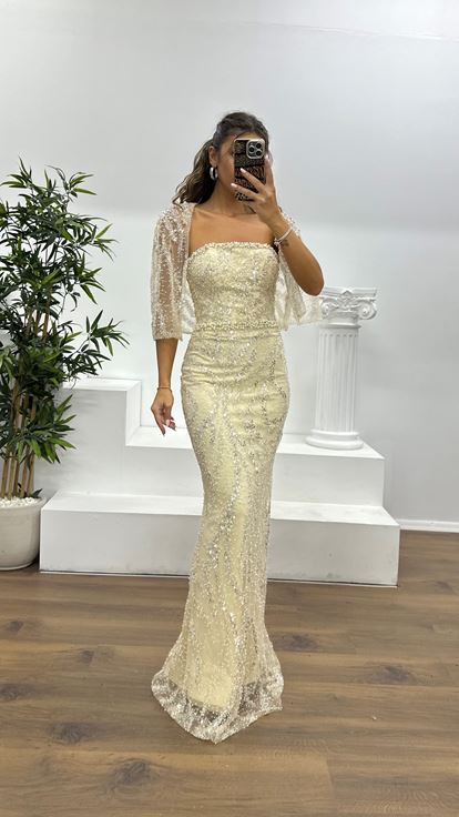 Bej Pelerinli Straplez Abiye Elbise