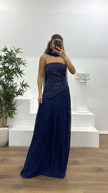 Navy Blue Asymmetrical Cut Strapless Evening Dress
