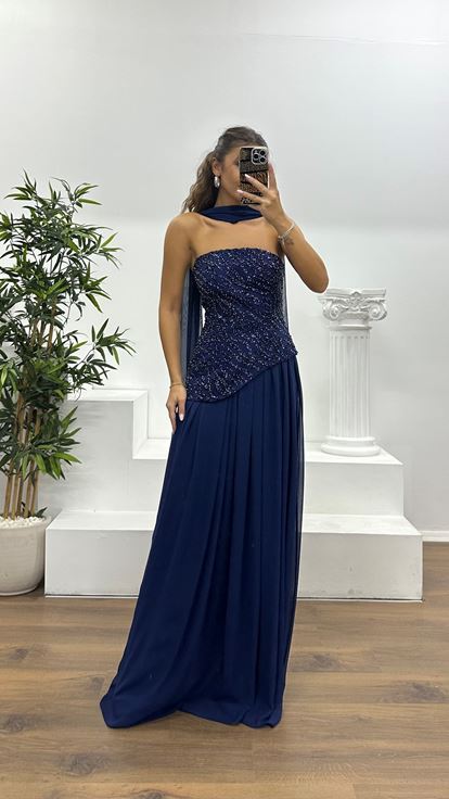 Lacivert Asimetrik Kesim Straplez Abiye Elbise