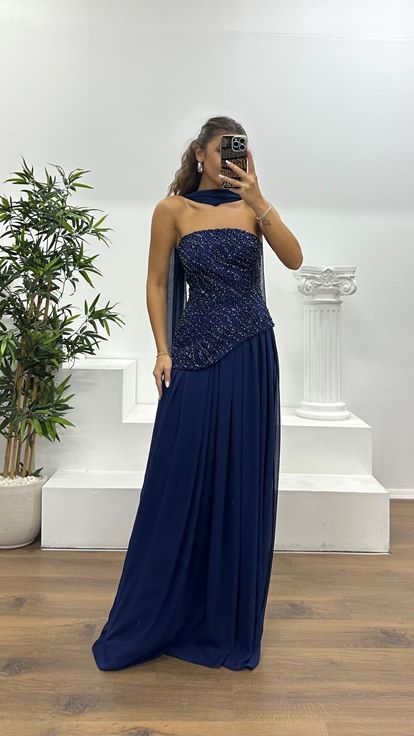 Lacivert Asimetrik Kesim Straplez Abiye Elbise