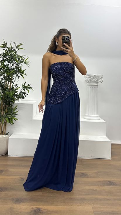 Lacivert Asimetrik Kesim Straplez Abiye Elbise