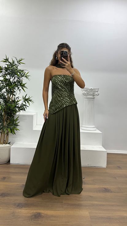 Haki Asimetrik Kesim Straplez Abiye Elbise