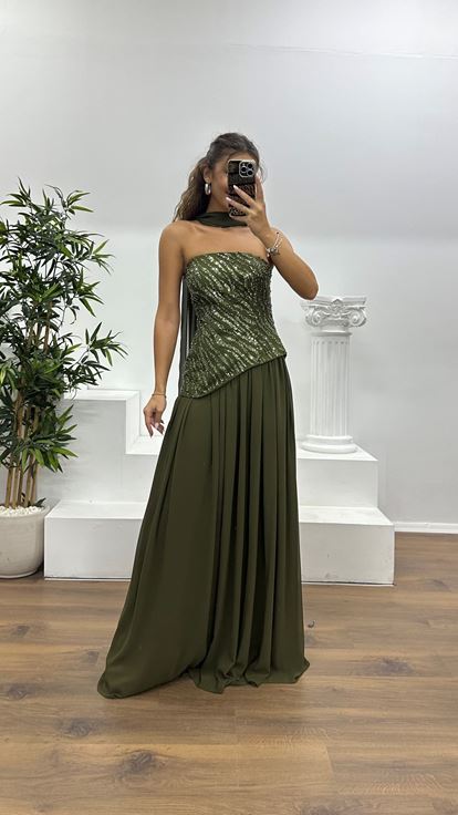 Haki Asimetrik Kesim Straplez Abiye Elbise