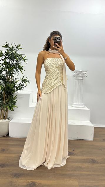 Beige Asymmetrical Cut Strapless Evening Dress