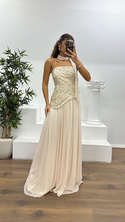 Bej Asimetrik Kesim Straplez Abiye Elbise