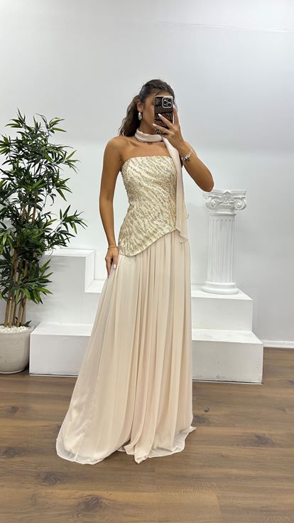 Bej Asimetrik Kesim Straplez Abiye Elbise