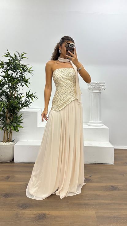 Bej Asimetrik Kesim Straplez Abiye Elbise