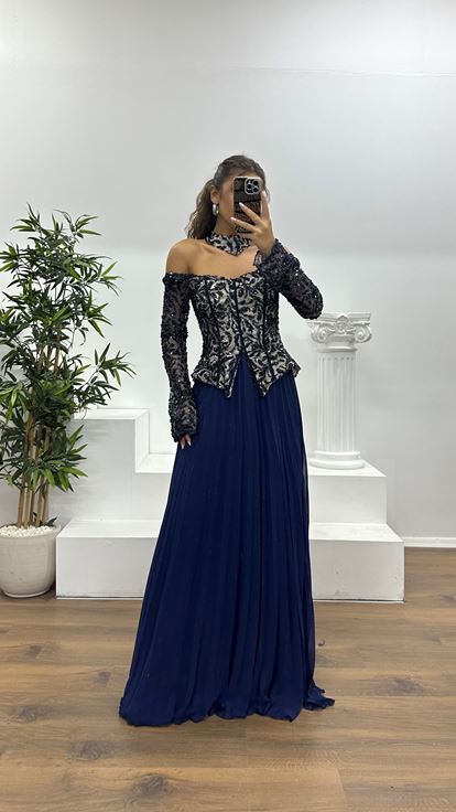 Lacivert Kayık Yaka Abiye Elbise