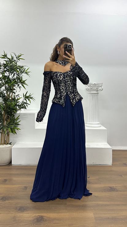 Lacivert Kayık Yaka Abiye Elbise