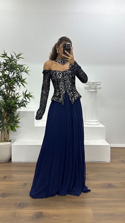 Lacivert Kayık Yaka Abiye Elbise