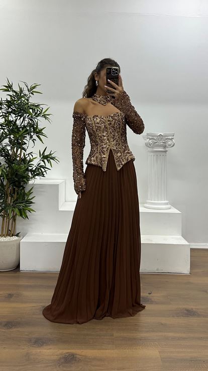 Vizon Kayık Yaka Abiye Elbise