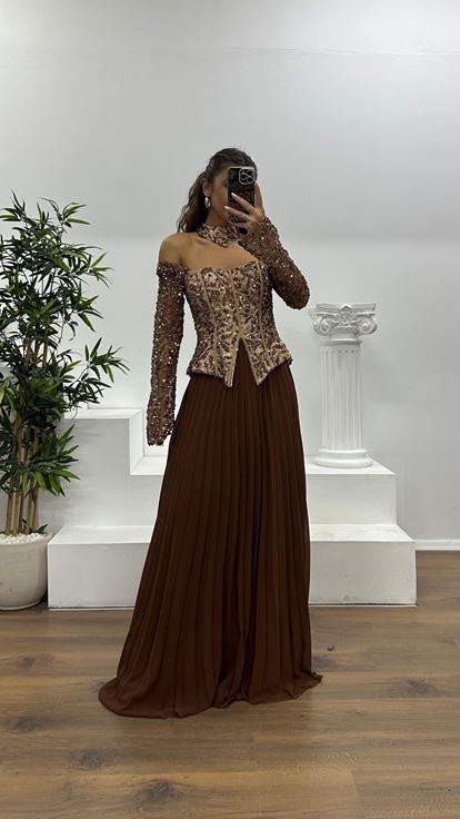 Vizon Kayık Yaka Abiye Elbise