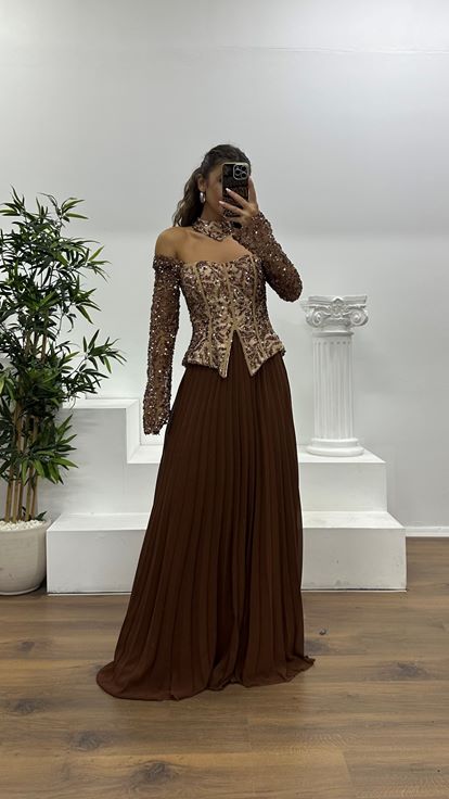 Vizon Kayık Yaka Abiye Elbise