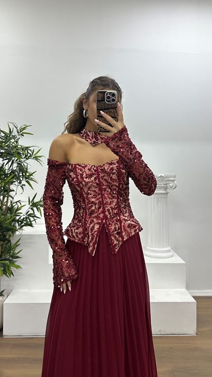 Bordo Kayık Yaka Abiye Elbise