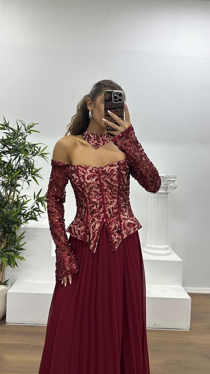 Bordo Kayık Yaka Abiye Elbise