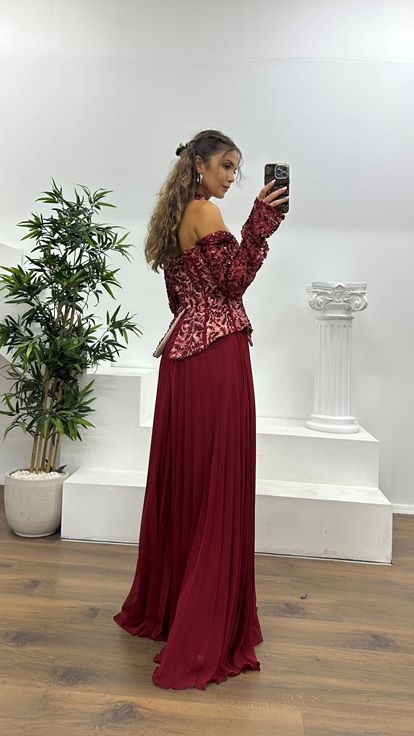 Bordo Kayık Yaka Abiye Elbise