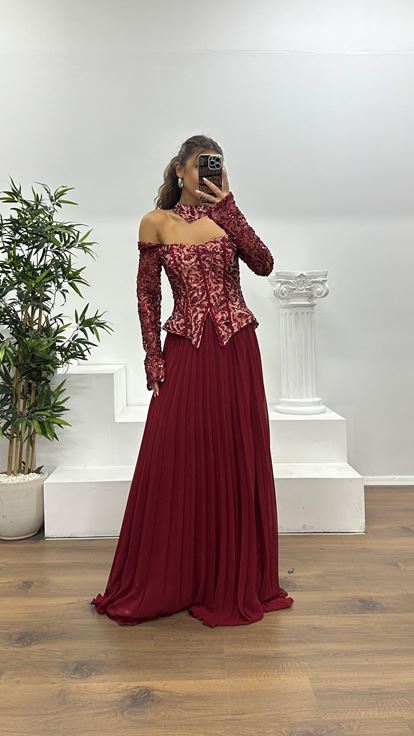 Bordo Kayık Yaka Abiye Elbise