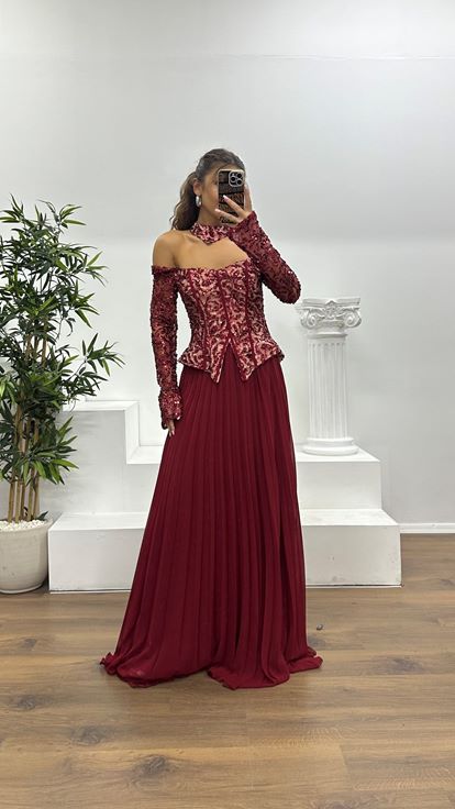 Bordo Kayık Yaka Abiye Elbise