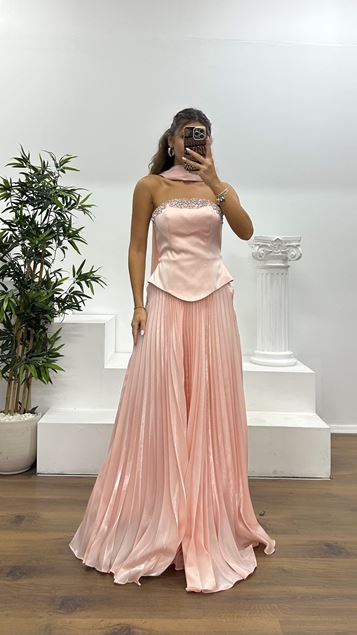 Pudra Straplez Saten Abiye Elbise