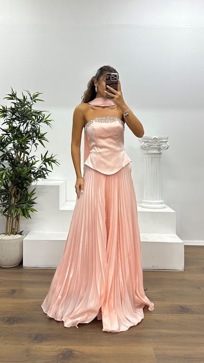 Pudra Straplez Saten Abiye Elbise