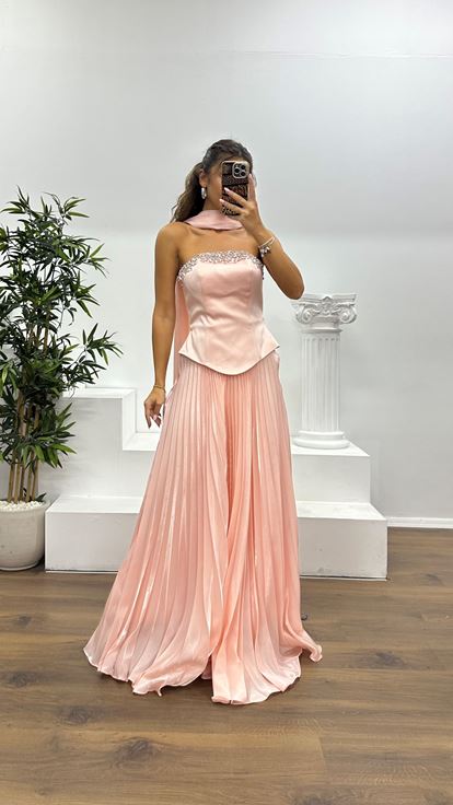 Pudra Straplez Saten Abiye Elbise