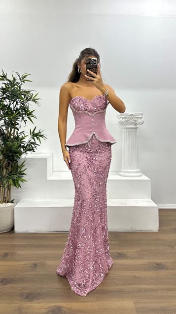 Powder Strapless Corset Detail Embroidered Evening Dress