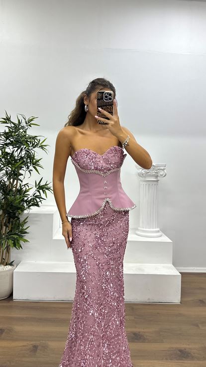 Pudra Straplez Korse Detay İşlemeli Abiye Elbise