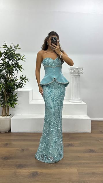 Mint Strapless Corset Detail Embroidered Evening Dress