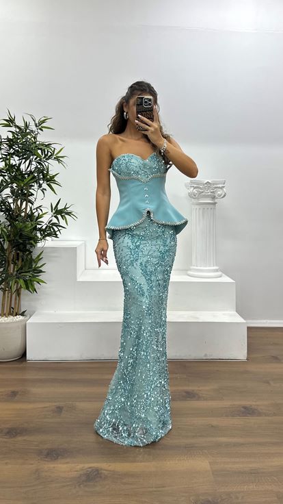 Mint Straplez Korse Detay İşlemeli Abiye Elbise