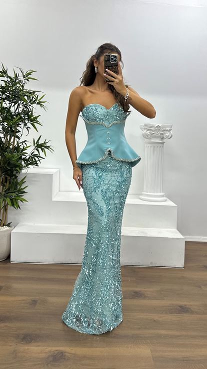 Mint Straplez Korse Detay İşlemeli Abiye Elbise