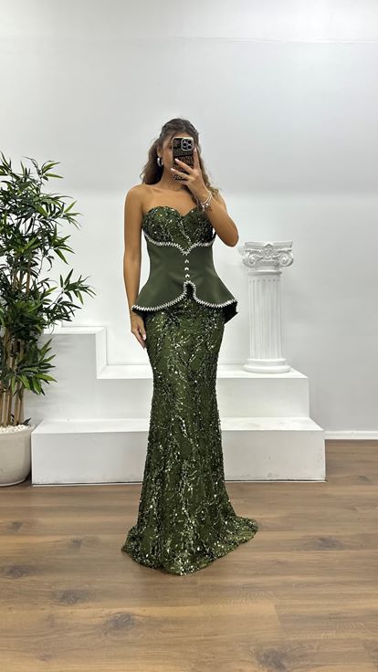 Haki Straplez Korse Detay İşlemeli Abiye Elbise