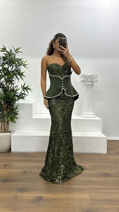 Haki Straplez Korse Detay İşlemeli Abiye Elbise