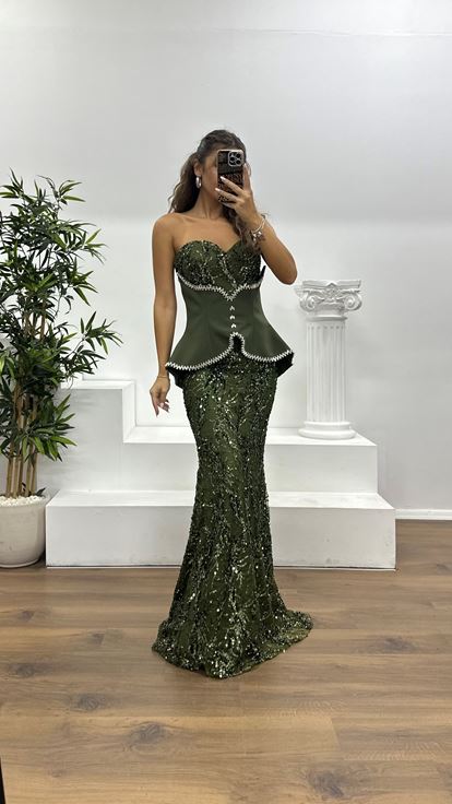 Haki Straplez Korse Detay İşlemeli Abiye Elbise