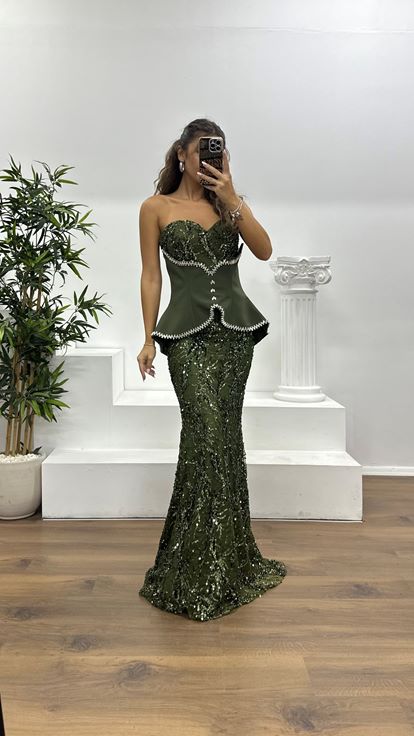 Haki Straplez Korse Detay İşlemeli Abiye Elbise