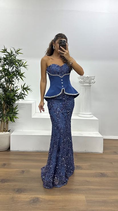 İndigo Straplez Korse Detay İşlemeli Abiye Elbise