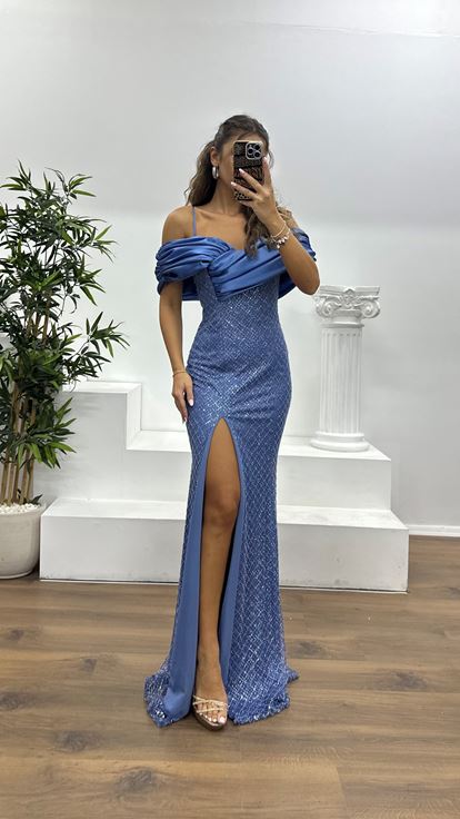 İndigo Sırt Detay İşlemeli Abiye Elbise