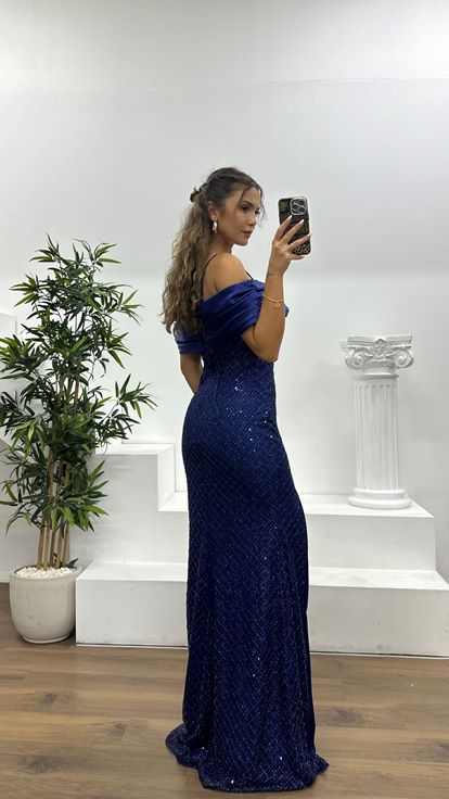 Lacivert Sırt Detay İşlemeli Abiye Elbise