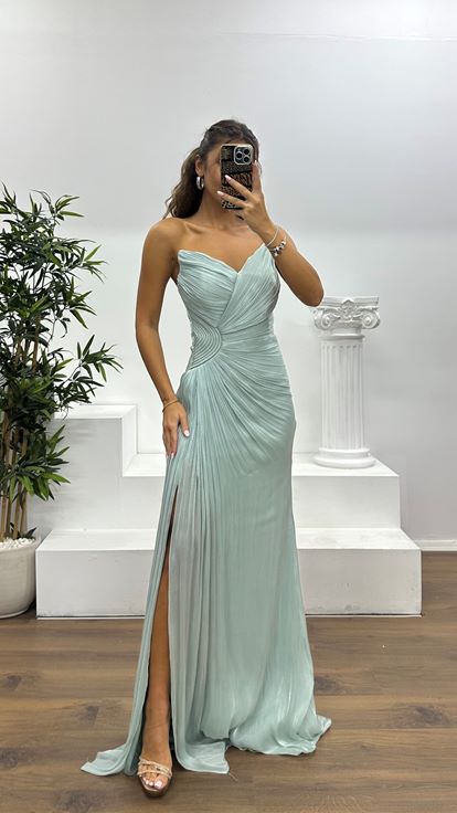 Mint Straplez Şifon Abiye Elbise